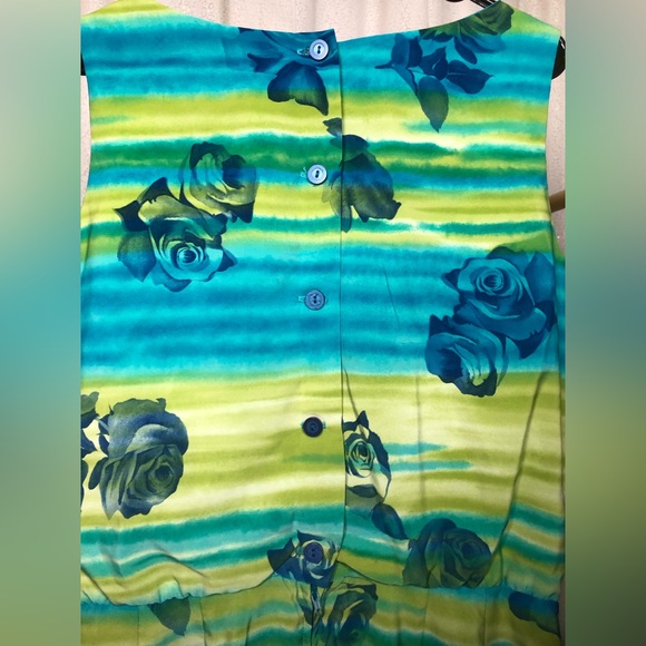 Vintage J. Stevens Blue/Yellow Sleeveless Maxi Dress w/ Blue Floral Pattern - Picture 5 of 6